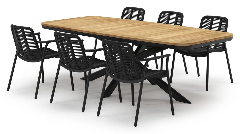 Aanbieding Pamplona tuinset in zwart aluminium en teak met 6 stapelbare Berga tuinstoelen