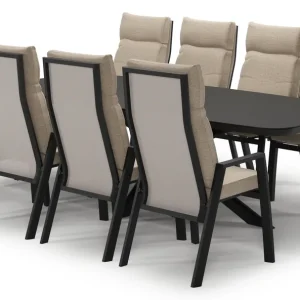 Weekendaanbieding Pamplona tuinset in zwart aluminium en notte minerale sintered stone met 8 Leon tuinstoelen