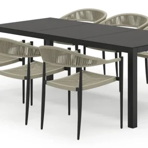 Uitverkoop Toma tuinset in zwart aluminium en zwart sintered stone met 6 stapelbare Guarda tuinstoelen