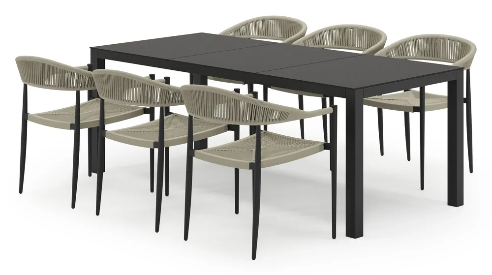 Uitverkoop Toma tuinset in zwart aluminium en zwart sintered stone met 6 stapelbare Guarda tuinstoelen