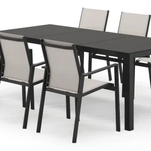 Uitverkoop Toma tuinset in zwart aluminium en zwart sintered stone met 6 stapelbare Bahia tuinstoelen