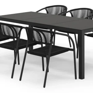 Toma tuinset in zwart aluminium en zwart sintered stone met 6 stapelbare Melo tuinstoelen Hoge Kwaliteit