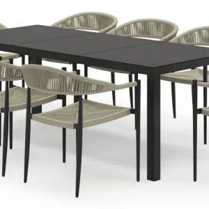 Toma tuinset in zwart aluminium en zwart sintered stone met 8 stapelbare Guarda tuinstoelen Direct Beschikbaar