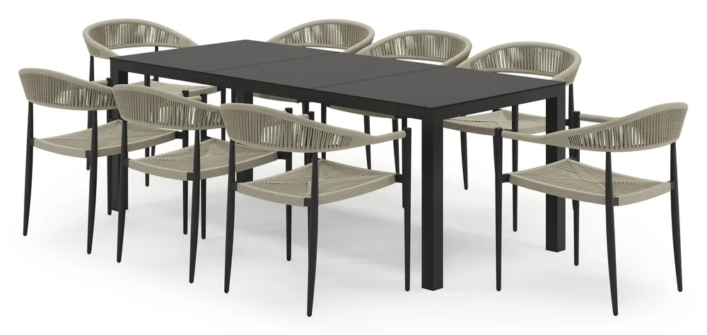Toma tuinset in zwart aluminium en zwart sintered stone met 8 stapelbare Guarda tuinstoelen Direct Beschikbaar