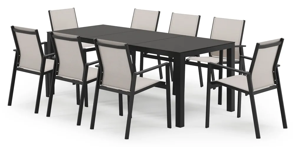 Toma tuinset in zwart aluminium en zwart sintered stone met 8 stapelbare Bahia tuinstoelen Korting