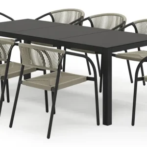Toma tuinset in zwart aluminium en zwart sintered stone met 8 stapelbare Melo tuinstoelen Goedkoop