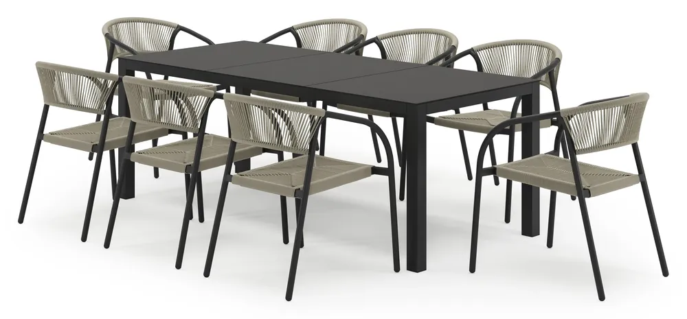 Toma tuinset in zwart aluminium en zwart sintered stone met 8 stapelbare Melo tuinstoelen Goedkoop