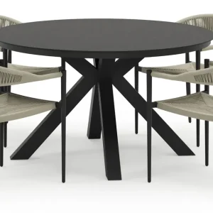 Tora tuinset in zwart aluminium en zwart sintered stone met 4 stapelbare Guarda tuinstoelen Laatste Versie