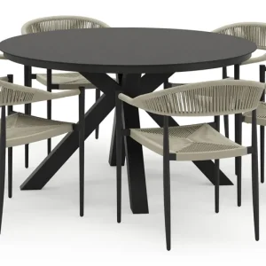 Tora tuinset in zwart aluminium en zwart sintered stone met 6 stapelbare Guarda tuinstoelen Bestel Nu