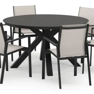 Tora tuinset in zwart aluminium en zwart sintered stone met 6 stapelbare Bahia tuinstoelen Lage Prijs