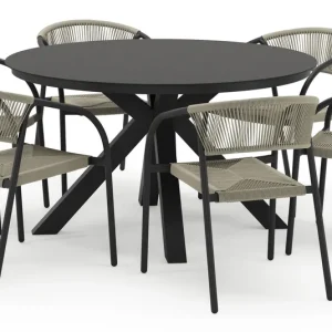 Tora tuinset in zwart aluminium en zwart sintered stone met 6 stapelbare Melo tuinstoelen Laatste Versie