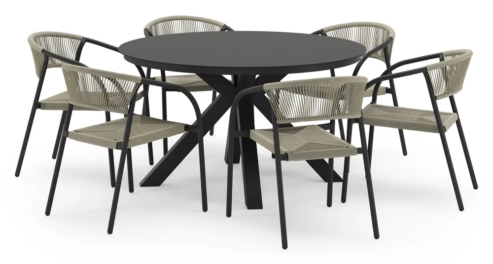 Tora tuinset in zwart aluminium en zwart sintered stone met 6 stapelbare Melo tuinstoelen Laatste Versie