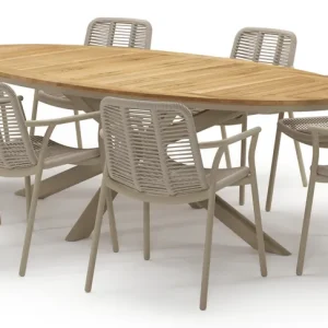 Weekendaanbieding Pamplona tuinset in beige aluminium en teak met 8 stapelbare Berga tuinstoelen