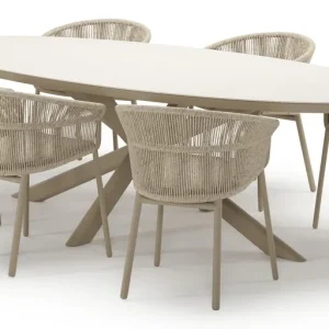 Aanbieding Pamplona tuinset in beige aluminium en crema minerale sintered stone met 6 stapelbare Matera tuinstoelen
