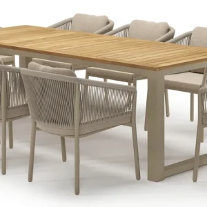 Aanbieding Livo tuinset in beige aluminium en teak met 8 Gerona tuinstoelen