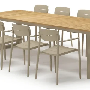 Aanbieding Livo tuinset in beige aluminium en teak met 8 stapelbare Cosa tuinstoelen