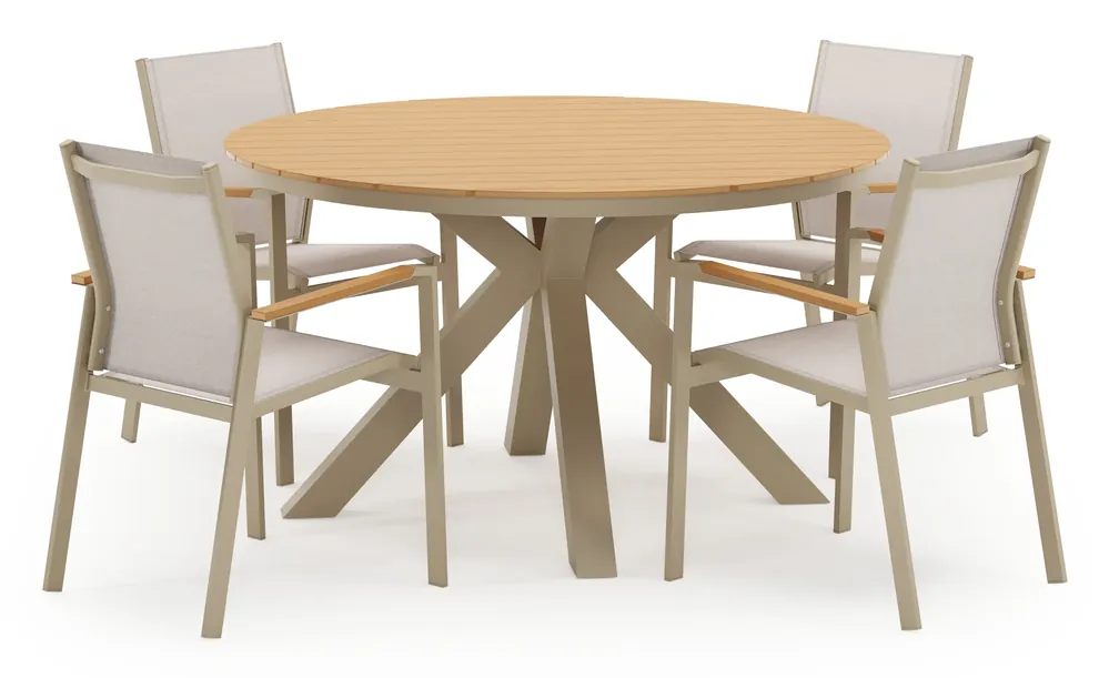 Tora tuinset in beige aluminium en polywood met 4 stapelbare Bahia tuinstoelen Express Levering