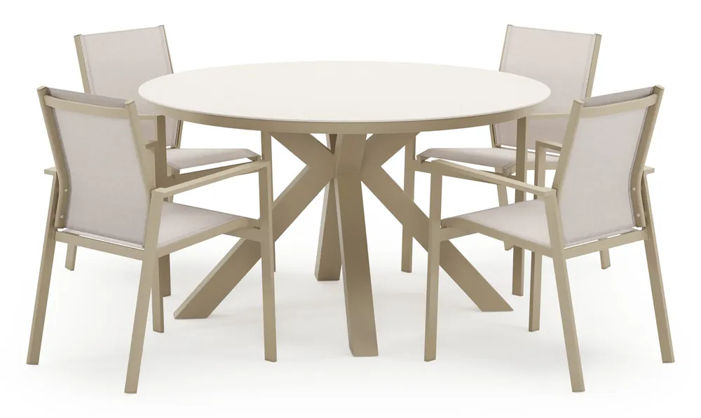 Tora tuinset in beige aluminium en beige sintered stone met 4 stapelbare Bahia tuinstoelen Koop Online