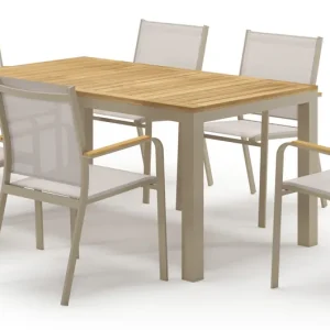 Aanbieding Varese tuinset in beige aluminium en teak met 6 stapelbare Amalfi tuinstoelen
