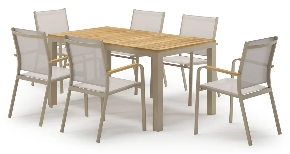 Aanbieding Varese tuinset in beige aluminium en teak met 6 stapelbare Amalfi tuinstoelen