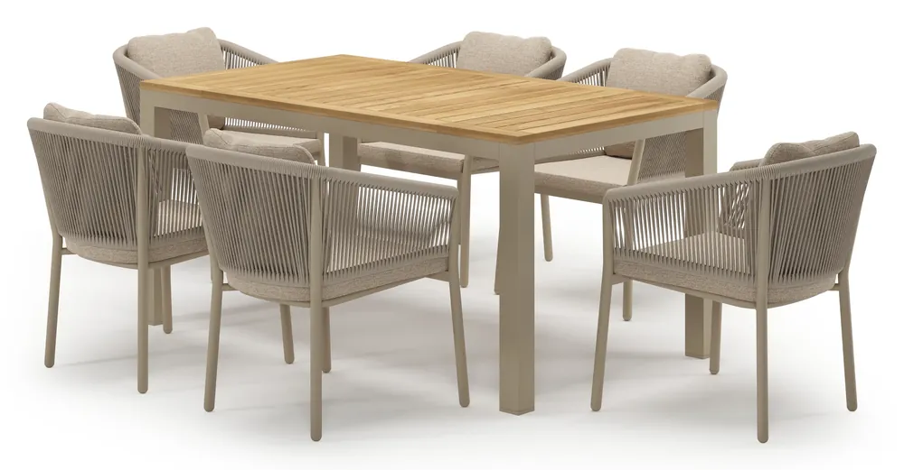 Aanbieding Varese tuinset in beige aluminium en teak met 6 Gerona tuinstoelen
