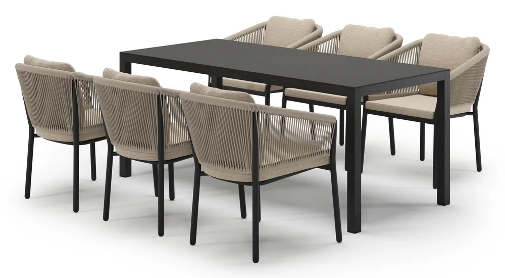 Weekendaanbieding Feltro tuinset in zwart aluminium en notte minerale sintered stone met 6 Gerona tuinstoelen