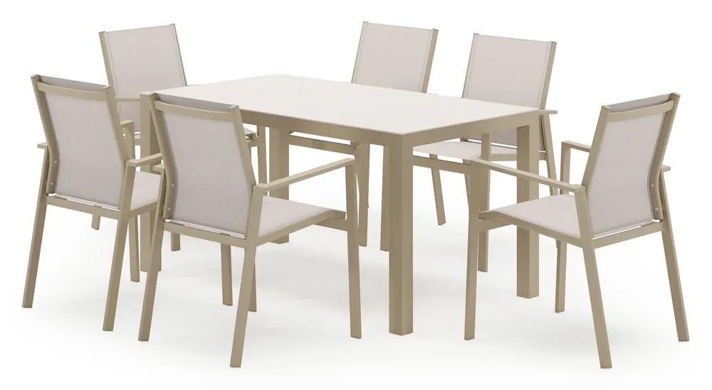 Weekendaanbieding Toma tuinset in beige aluminium en beige sintered stone met 6 stapelbare Bahia tuinstoelen