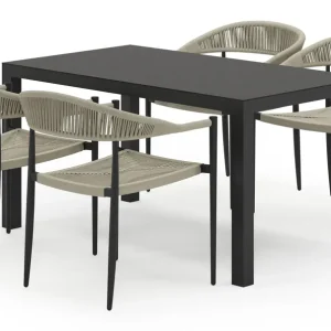 Toma tuinset in zwart aluminium en zwart sintered stone met 4 stapelbare Guarda tuinstoelen Lage Kosten