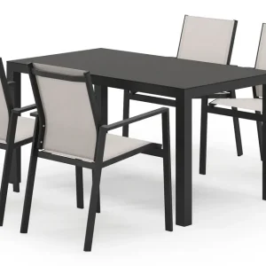Toma tuinset in zwart aluminium en zwart sintered stone met 4 stapelbare Bahia tuinstoelen Beperkte Voorraad