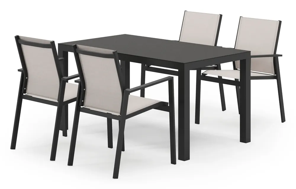 Toma tuinset in zwart aluminium en zwart sintered stone met 4 stapelbare Bahia tuinstoelen Beperkte Voorraad