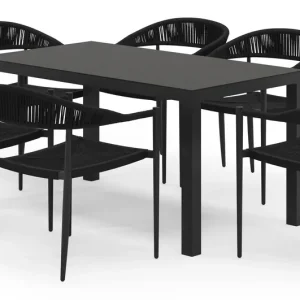 Toma tuinset in zwart aluminium en zwart sintered stone met 6 stapelbare Guarda tuinstoelen Bestel Nu