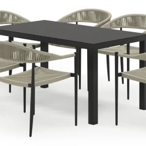 Toma tuinset in zwart aluminium en zwart sintered stone met 6 stapelbare Guarda tuinstoelen Speciale Aanbieding