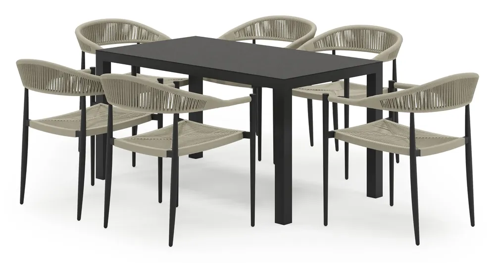 Toma tuinset in zwart aluminium en zwart sintered stone met 6 stapelbare Guarda tuinstoelen Speciale Aanbieding