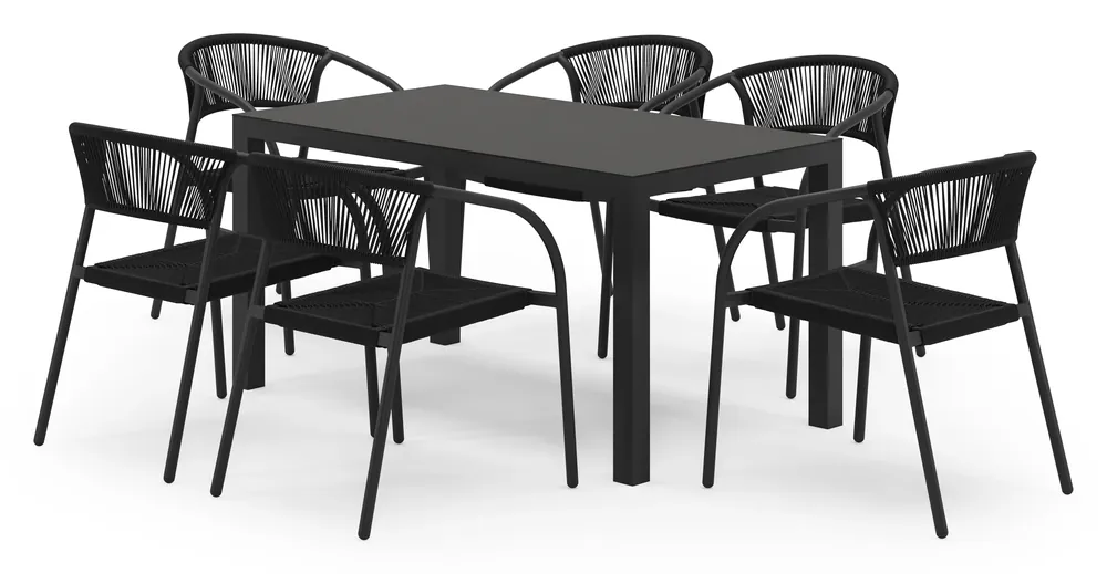 Toma tuinset in zwart aluminium en zwart sintered stone met 6 stapelbare Melo tuinstoelen Bestseller