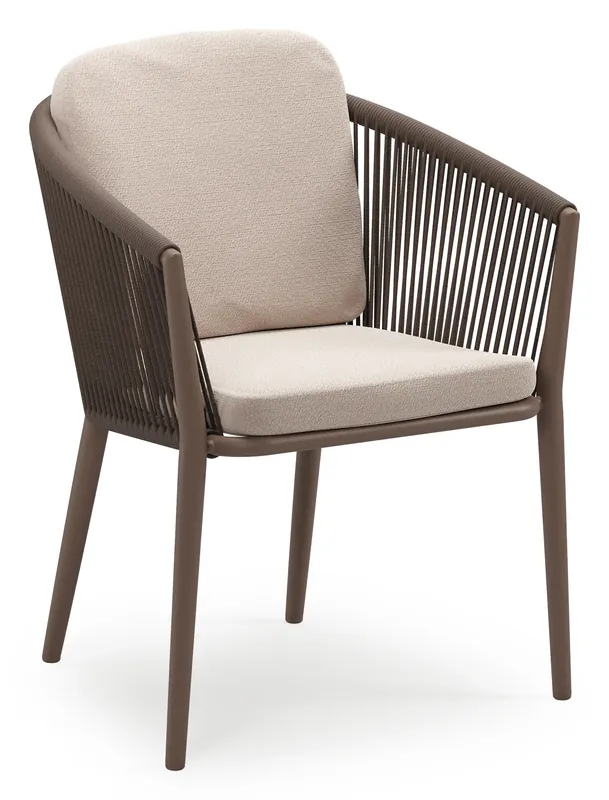 Orso stapelbare tuinstoel in taupe aluminium en taupe verticaal geweven ronde rope met stoelkussen in All Weather Sunbrella® Luxe Wander Pilat Bestel Nu