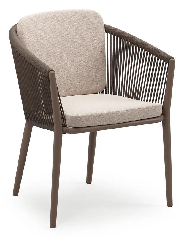 Beste Prijs Orso stapelbare tuinstoel in taupe aluminium en taupe verticaal geweven ronde rope met stoelkussen in All Weather Sunbrella® Luxe Wander Pilat