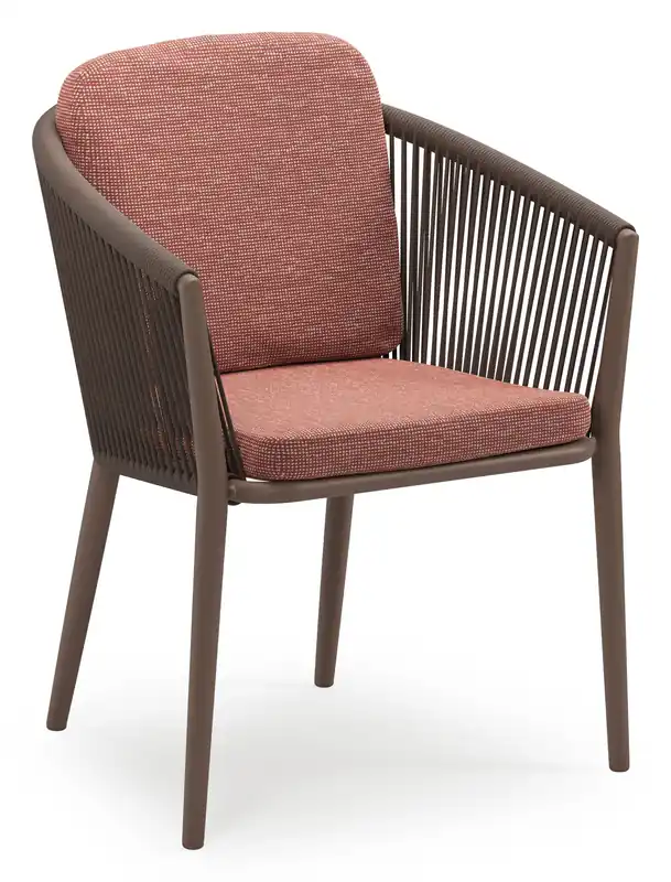 Orso stapelbare tuinstoel in taupe aluminium en taupe verticaal geweven ronde rope met stoelkussen in All Weather Sunbrella® Luxe Slow Alezan Goedkoop