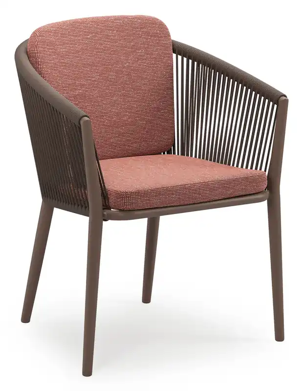 Populair Orso stapelbare tuinstoel in taupe aluminium en taupe verticaal geweven ronde rope met stoelkussen in All Weather Sunbrella® Luxe Slow Alezan
