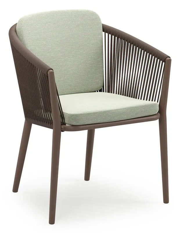 Koopje Orso stapelbare tuinstoel in taupe aluminium en taupe verticaal geweven ronde rope met stoelkussen in All Weather Sunbrella® Luxe Slow Spirea