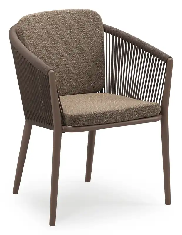 Orso stapelbare tuinstoel in taupe aluminium en taupe verticaal geweven ronde rope met stoelkussen in All Weather Solica Firenze Bamboe Bestel Nu