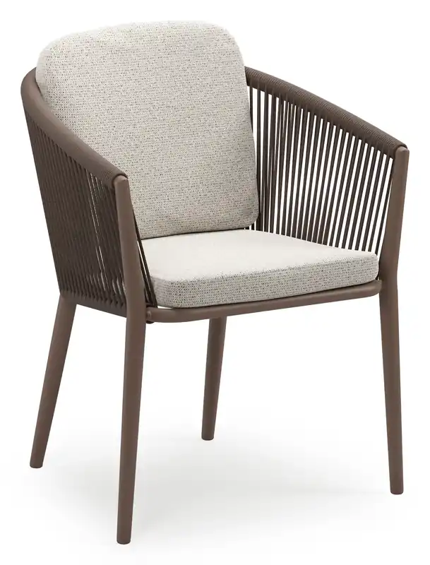 Beperkte Voorraad Orso stapelbare tuinstoel in taupe aluminium en taupe verticaal geweven ronde rope met stoelkussen in All Weather Solica Firenze Natural