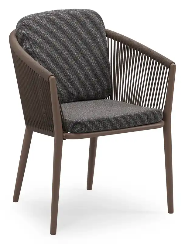 Exclusieve Aanbieding Orso stapelbare tuinstoel in taupe aluminium en taupe verticaal geweven ronde rope met stoelkussen in All Weather Solica Firenze Tunder