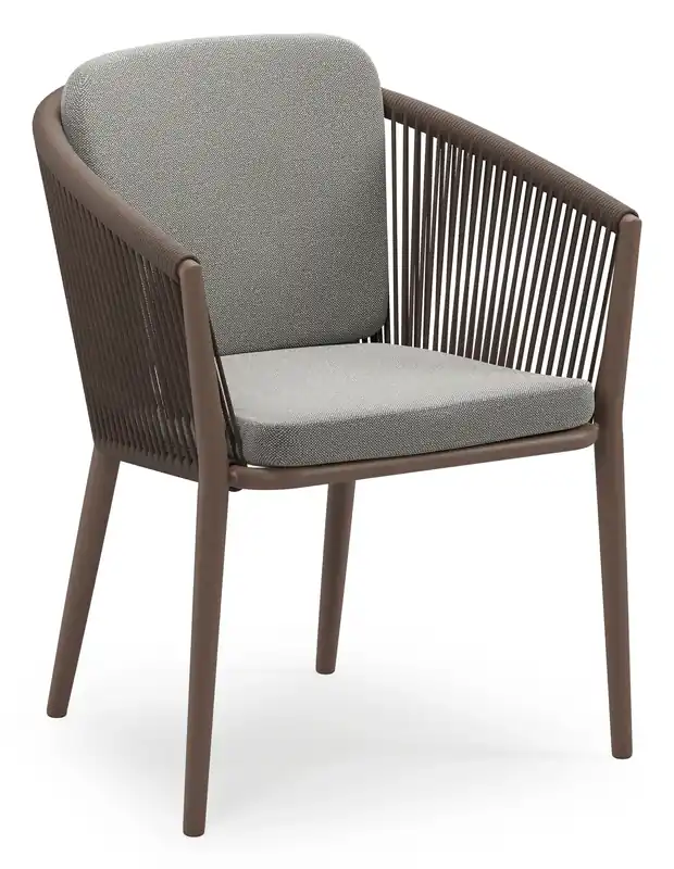 Orso stapelbare tuinstoel in taupe aluminium en taupe verticaal geweven ronde rope met stoelkussen in All Weather Sunbrella® Luxe Savane Zinc Koopje