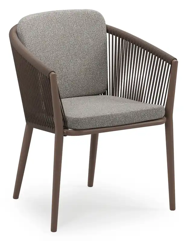 Koop Online Orso stapelbare tuinstoel in taupe aluminium en taupe verticaal geweven ronde rope met stoelkussen in All Weather Sunbrella® Luxe Tundra Charcoal