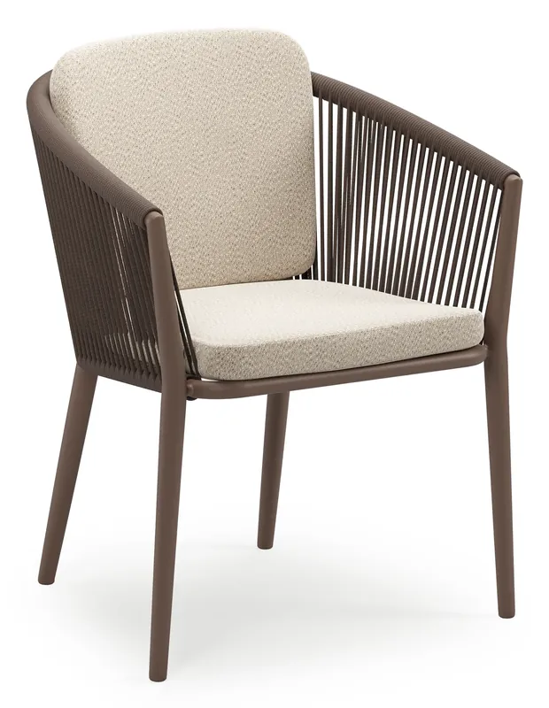 Actieprijs Orso stapelbare tuinstoel in taupe aluminium en taupe verticaal geweven ronde rope met stoelkussen in All Weather Sunbrella® Luxe Lopi Sand