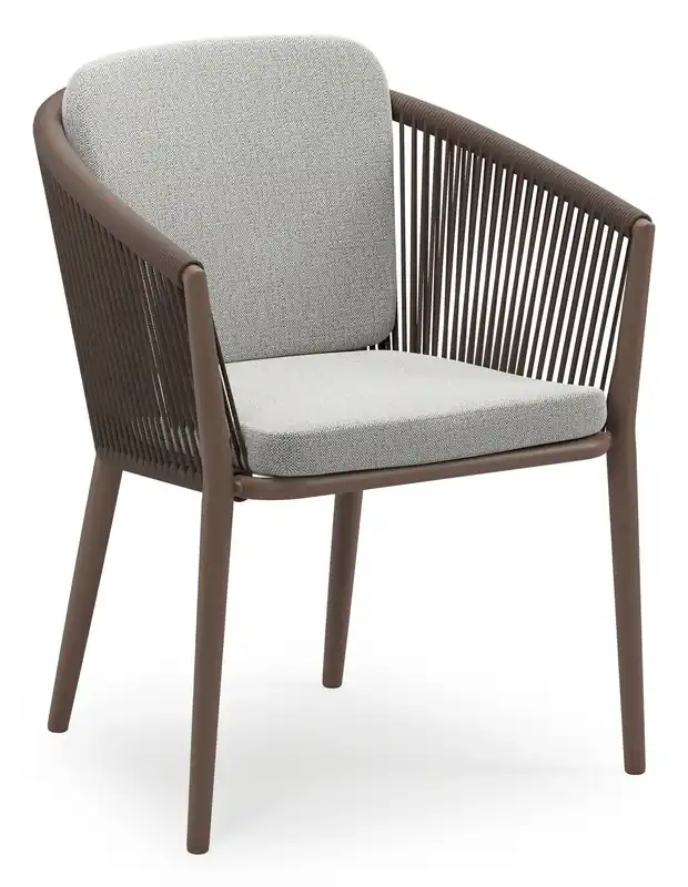 Gereduceerde Prijs Orso stapelbare tuinstoel in taupe aluminium en taupe verticaal geweven ronde rope met stoelkussen in All Weather Sunbrella® Luxe Savane Nimbus