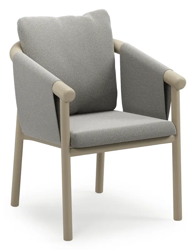Amico stapelbare tuinstoel in beige aluminium met stoelkussen in All Weather Sunbrella® Luxe Savane Zinc Laatste Kans