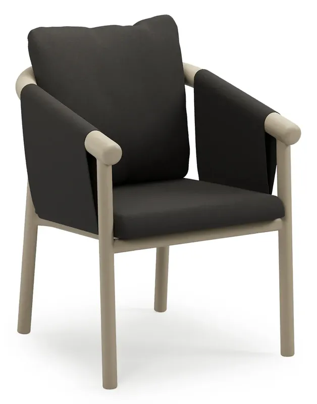 Amico stapelbare tuinstoel in beige aluminium met stoelkussen in All Weather Sunbrella® Luxe Heritage Char Bestel Nu