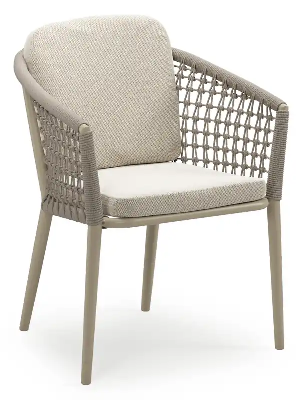 Koop Online Orso stapelbare tuinstoel in beige aluminium en beige visnet geweven ronde rope met stoelkussen in All Weather Sunbrella® Luxe Lopi Marble