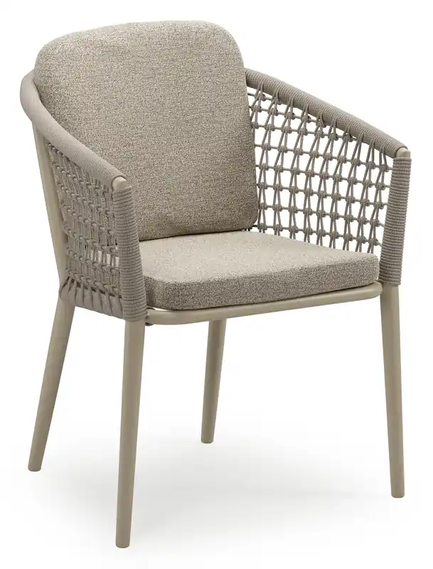 Bestseller Orso stapelbare tuinstoel in beige aluminium en beige visnet geweven ronde rope met stoelkussen in All Weather Cosytica Catania Beige